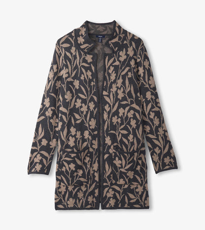 Navy sweater blazer featuring a floral vine pattern in beige, with a collar and two front pockets.
