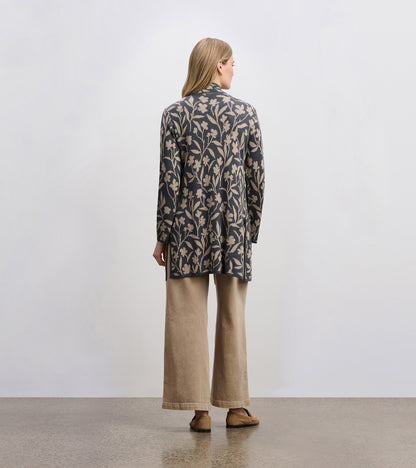 Long-sleeve sweater blazer in navy with floral vine pattern, featuring a relaxed fit and back vent detail.