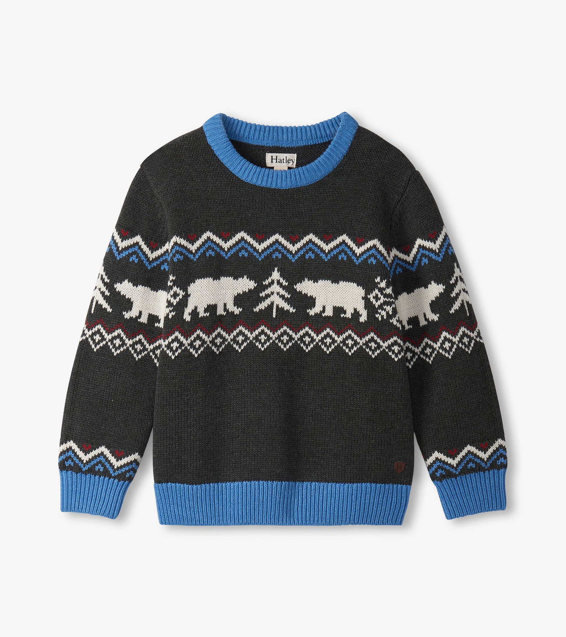Black crew neck sweater featuring white bears and trees in a Fair Isle pattern, with blue ribbed cuffs and neckline.
