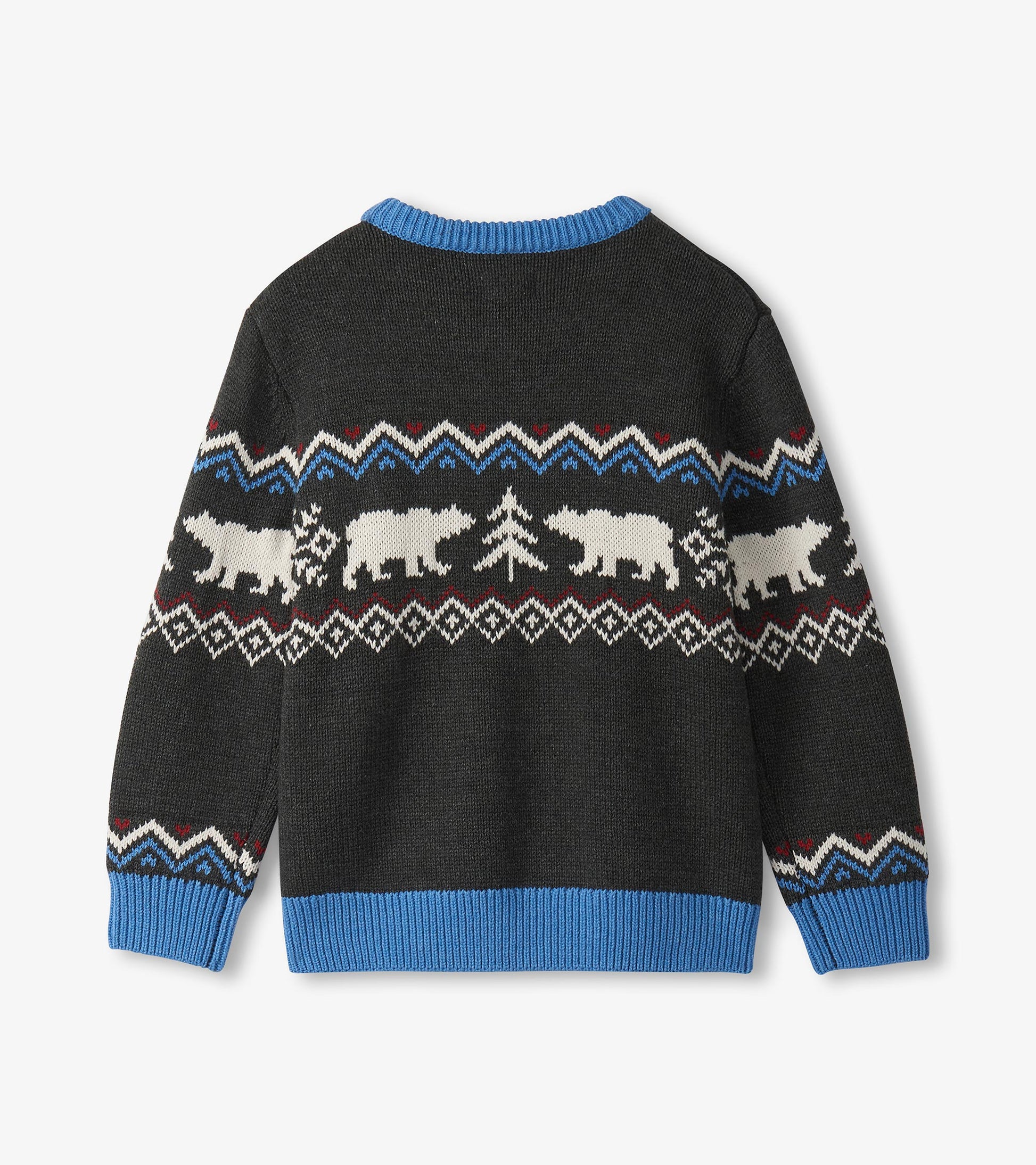 Boys' crew neck sweater in dark gray with bear and tree patterns, featuring blue ribbed cuffs and neckline.