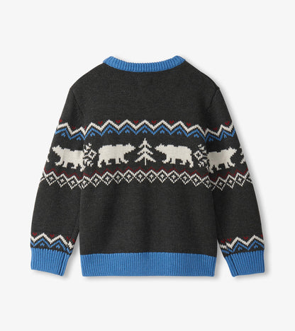 Boys' crew neck sweater in dark gray with bear and tree patterns, featuring blue ribbed cuffs and neckline.