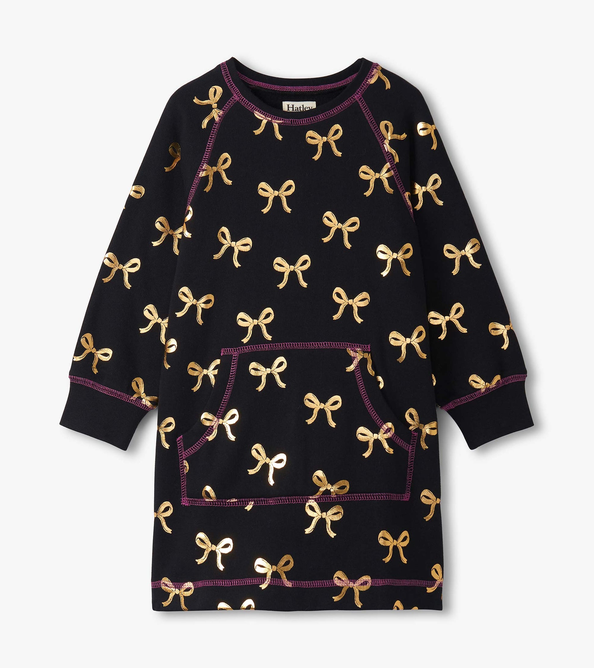 Black sweater dress featuring gold bow patterns and a front pocket, with purple stitching accents. Suitable for girls.