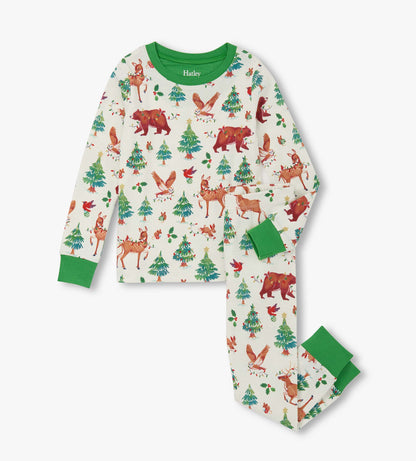 Cotton pajama set featuring a holiday animal print with bears, deer, and trees, accented with green cuffs and collar.