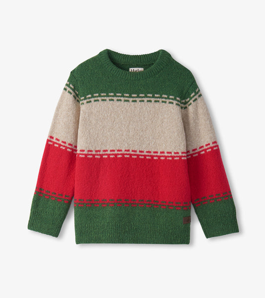 Crew neck sweater featuring green, beige, and red stripes, made from soft knit material, suitable for boys.