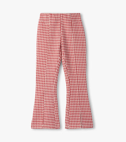 Red houndstooth bell-bottom pants with a fitted waist and flared legs, suitable for casual wear.