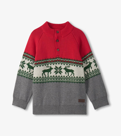 Red and gray mockneck sweater featuring elk and snowflake patterns, with three buttons at the neck.