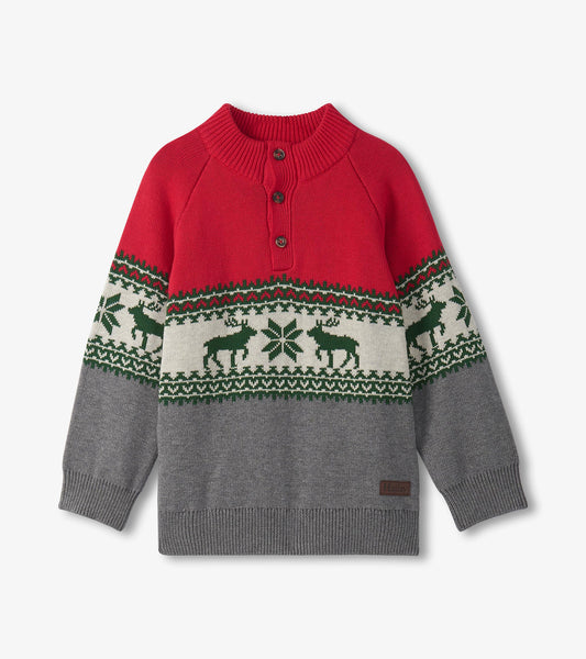Red and gray mockneck sweater featuring elk and snowflake patterns, with three buttons at the neck.