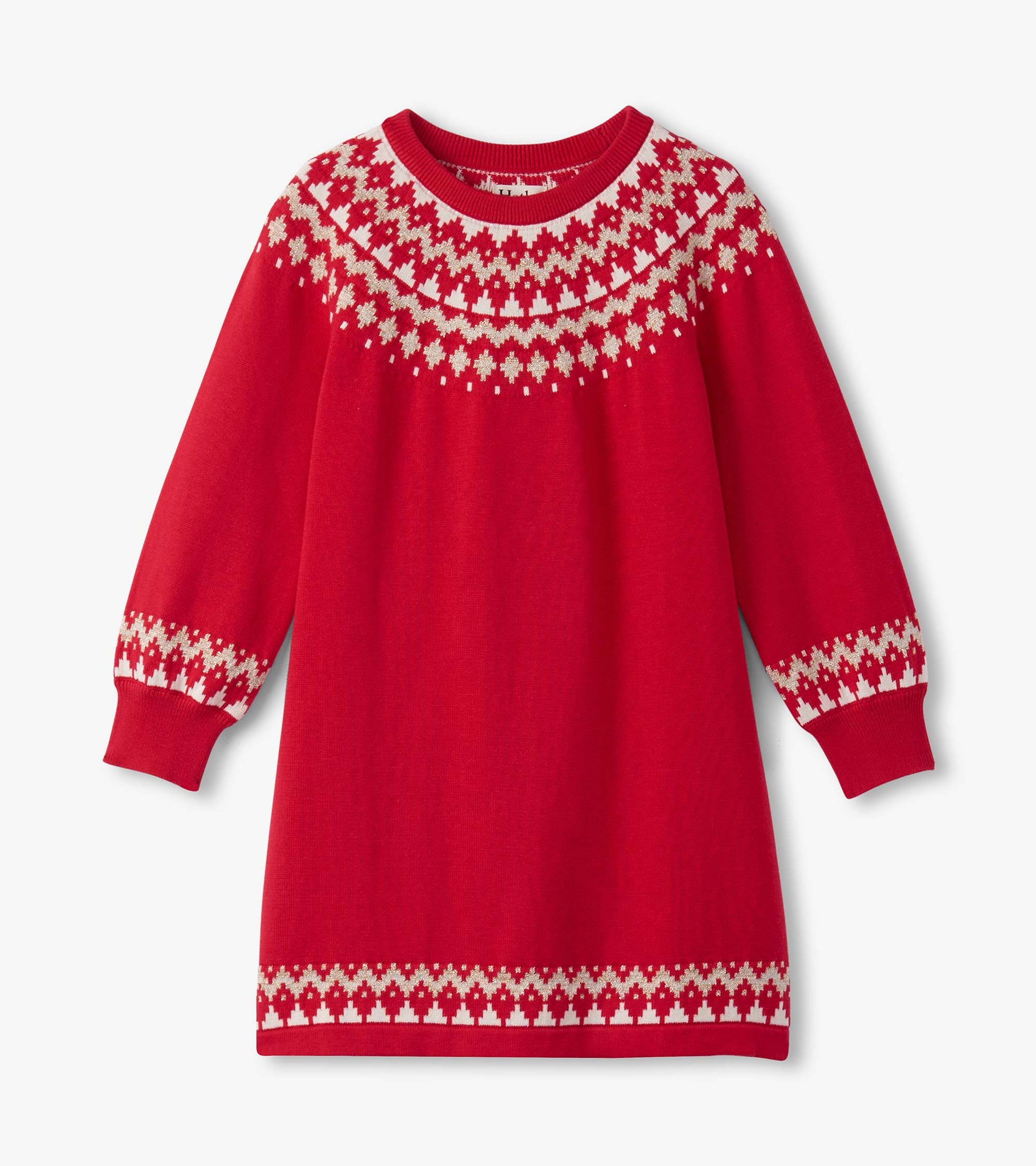 Red sweater dress featuring a Fair Isle pattern around the neckline and cuffs, with long sleeves and a swing shape.