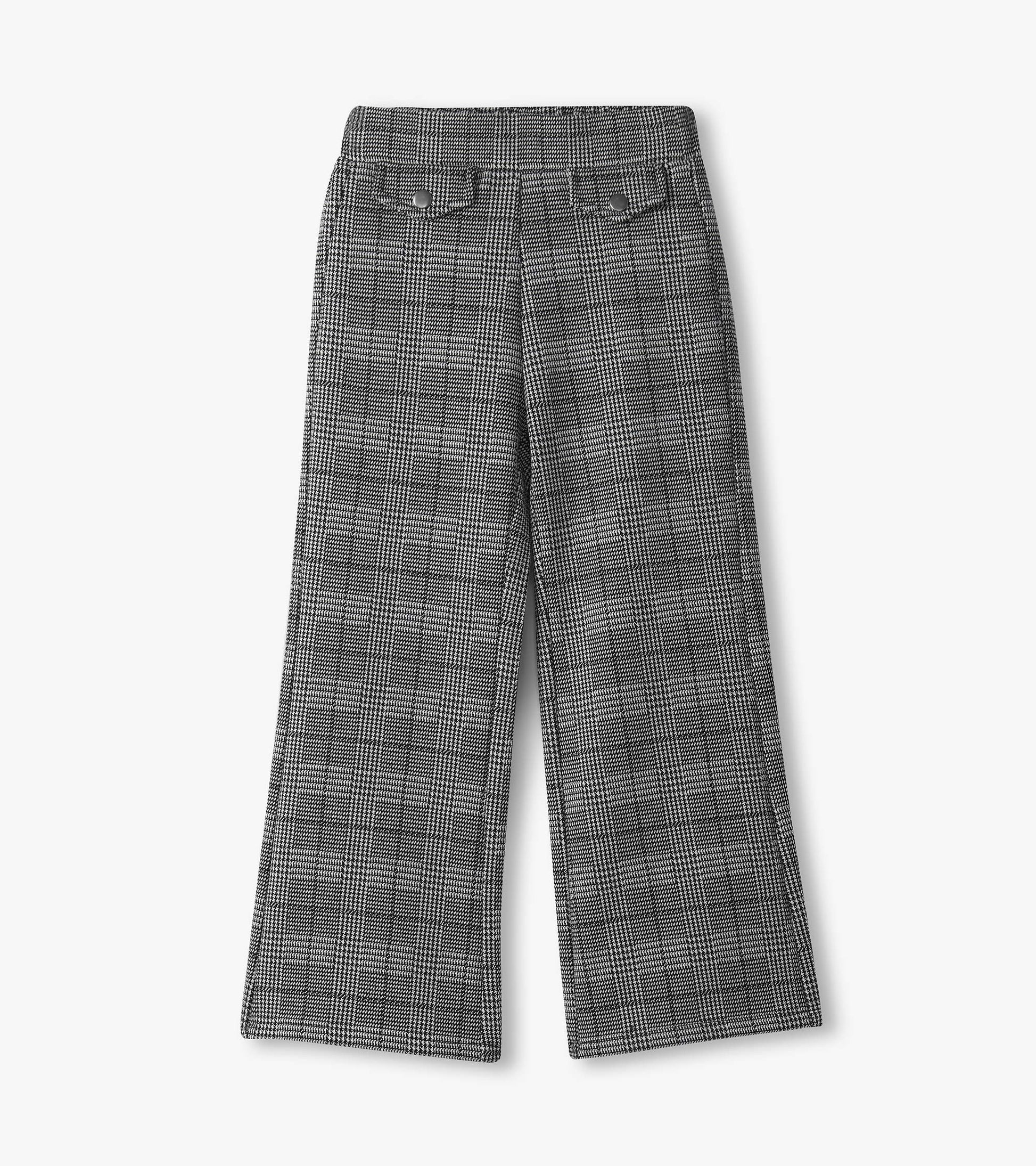 Black and white houndstooth plaid wide leg pants with a high waist and back pockets.