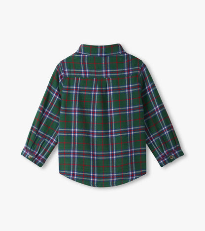 Green plaid button-down shirt with long sleeves and a collar, featuring red and blue check patterns on the back.