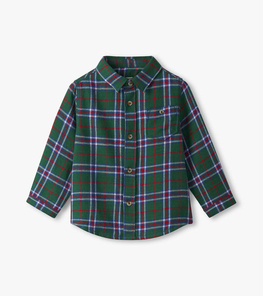 Green plaid button-down shirt for baby and toddler boys, featuring long sleeves and a collar.