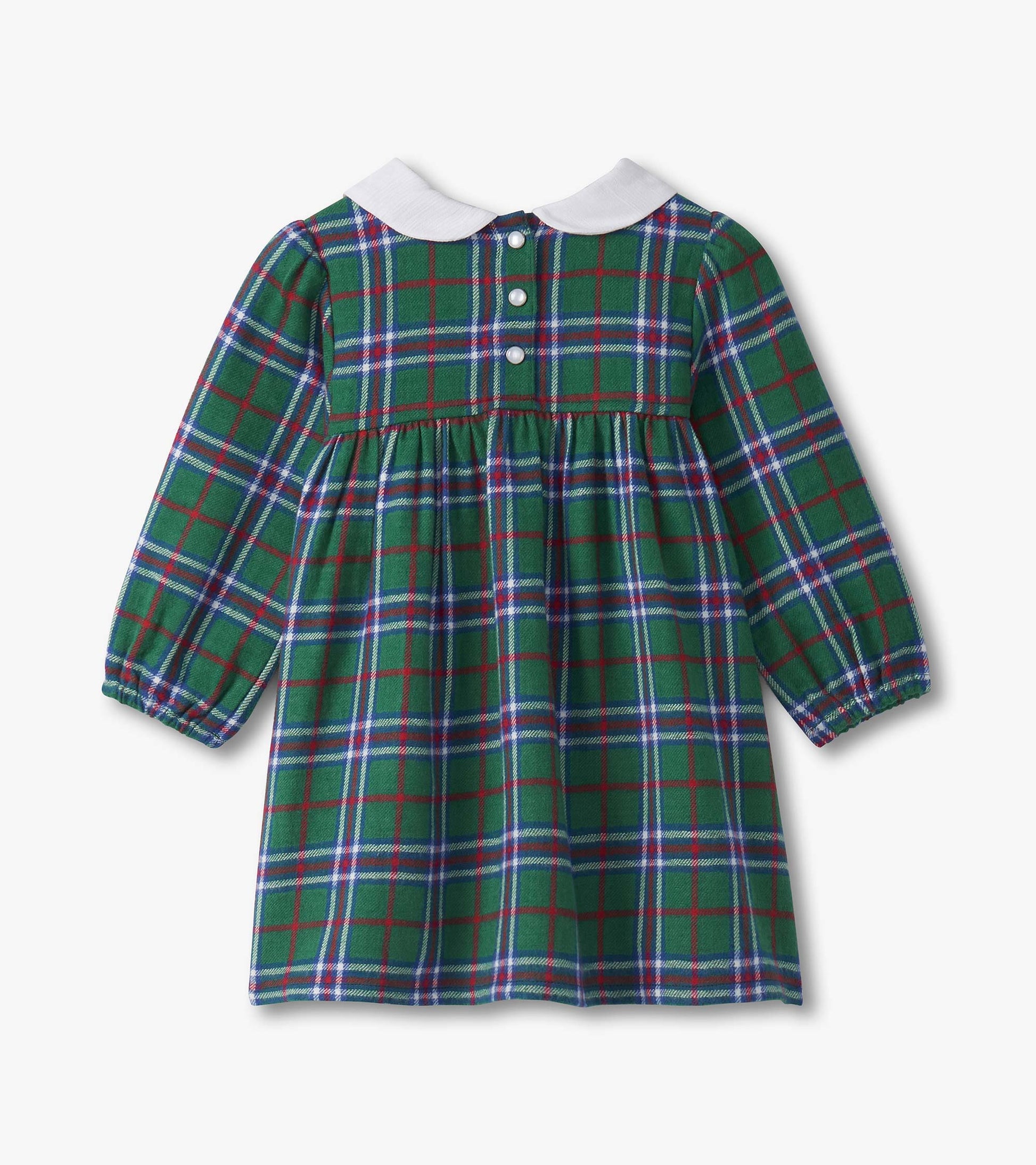 Green plaid pinafore dress with puff sleeves and a white collar, featuring button closure at the back.