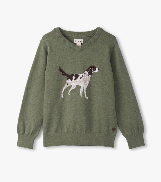 Pull à encolure en V pour garçon – Chien de chasse sur fond vert
