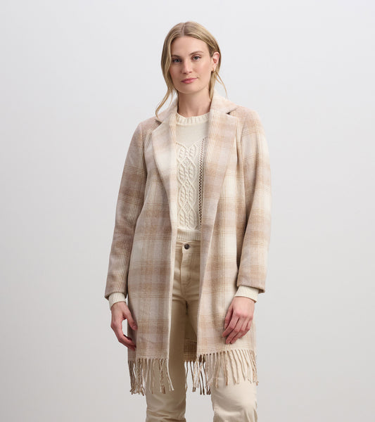 Manteau orné de franges pour femme – Motif écossais taupe clair