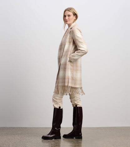 Manteau orné de franges pour femme – Motif écossais taupe clair