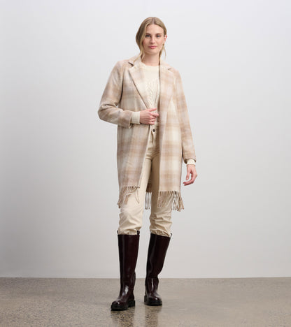 Manteau orné de franges pour femme – Motif écossais taupe clair