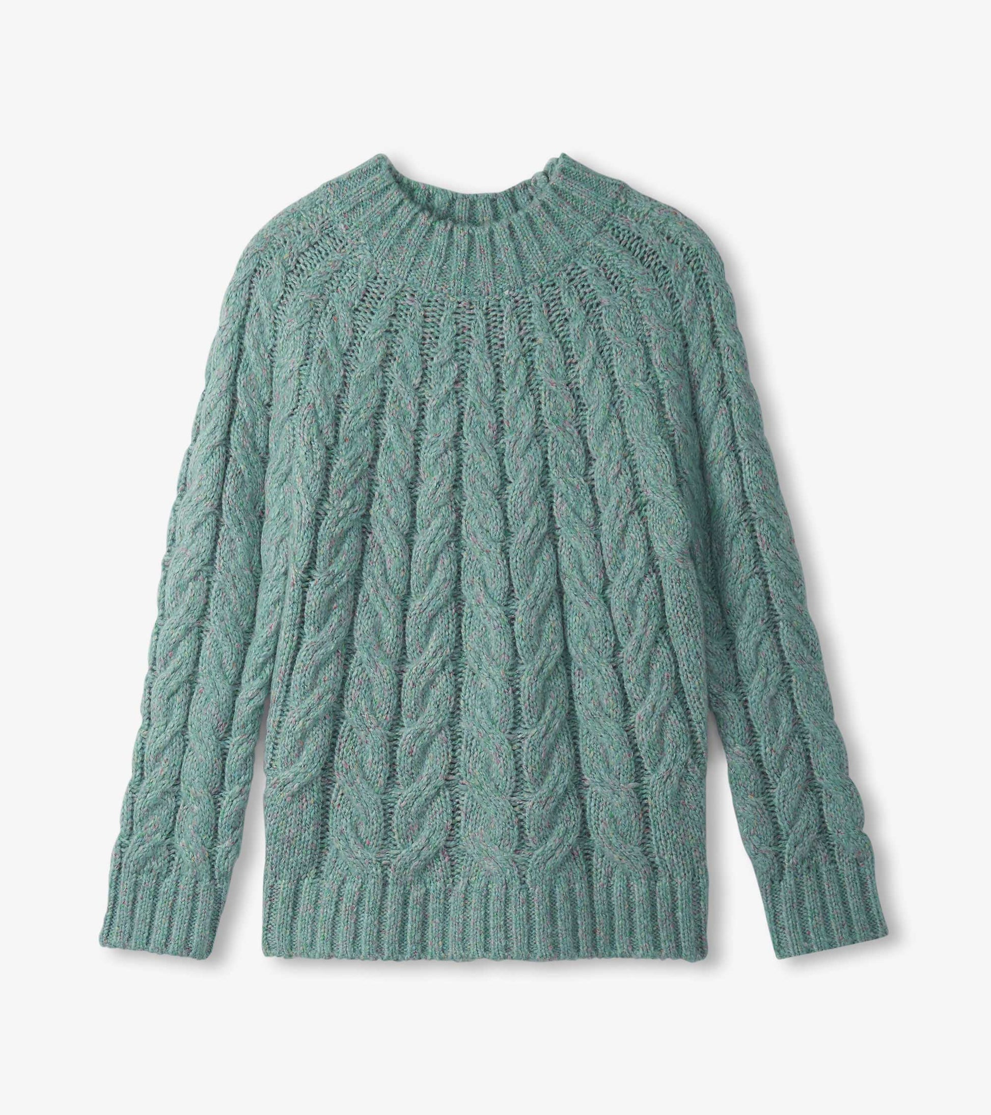 Light turquoise cable knit sweater with a round neckline and long sleeves.
