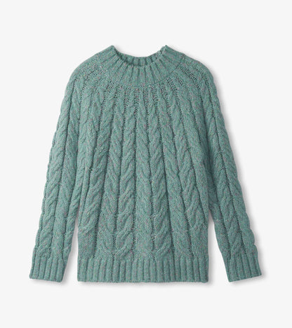 Light turquoise cable knit sweater with a round neckline and long sleeves.