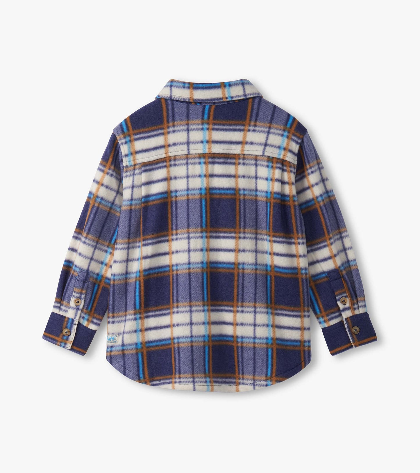 Navy plaid fleece button-up shirt with long sleeves and a collar, featuring white and brown accents. Back view shown.