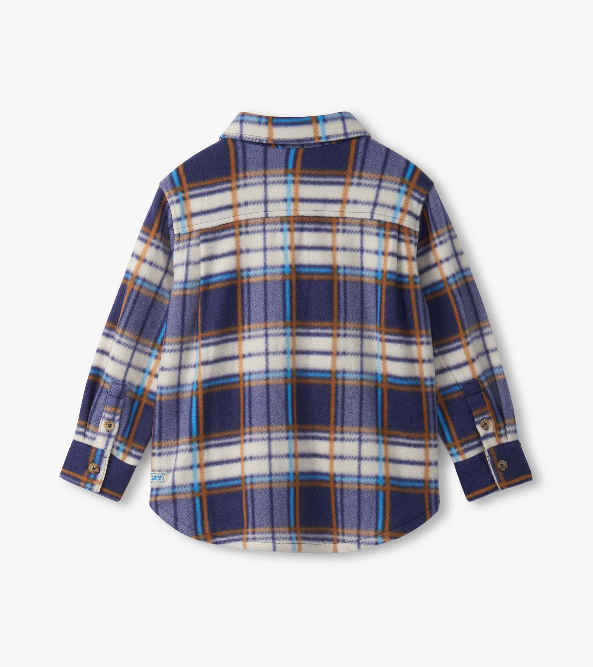 Navy plaid fleece button-up shirt with long sleeves and a collar, featuring white and brown accents. Back view shown.