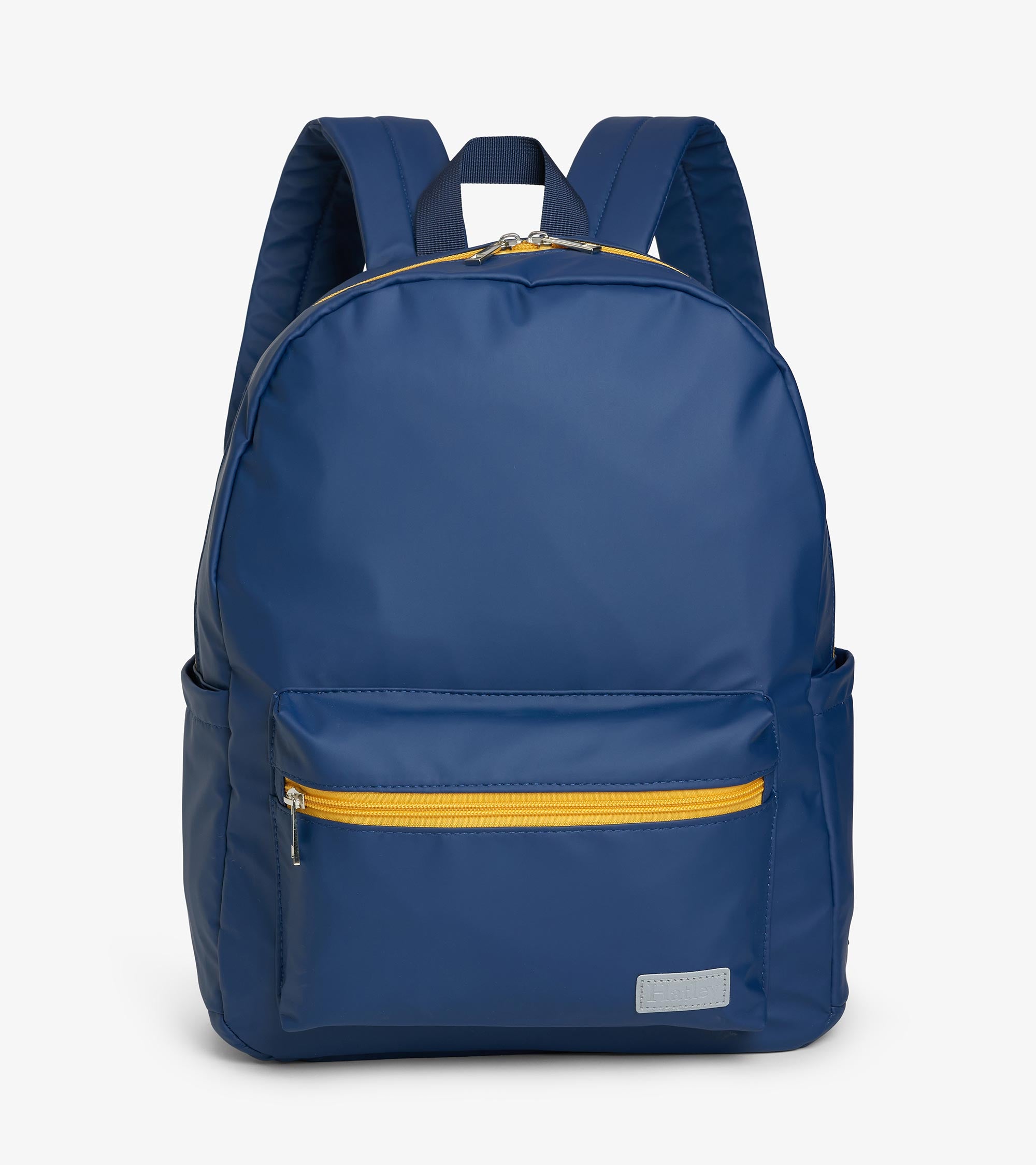 Sac à dos pour enfant marine avec tirettes de fermeture jaunes, pochette avant zippée, bretelles rembourrées et poignée sur le dessus