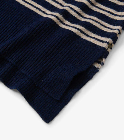 Navy and camel striped mock neck sweater with ribbed texture, showcasing a folded hem detail.