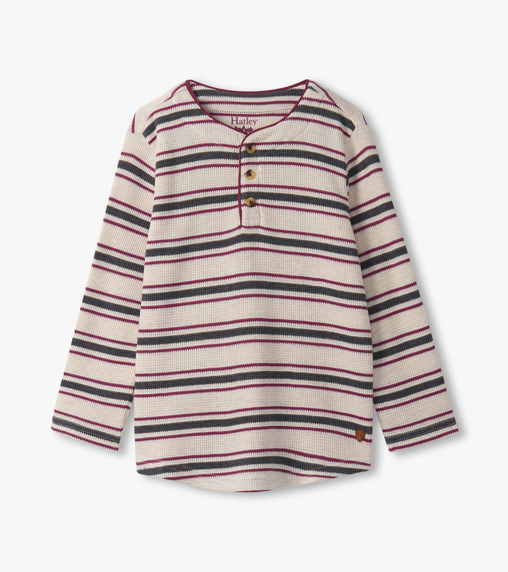Oatmeal melange striped waffle henley with long sleeves and three-button placket.
