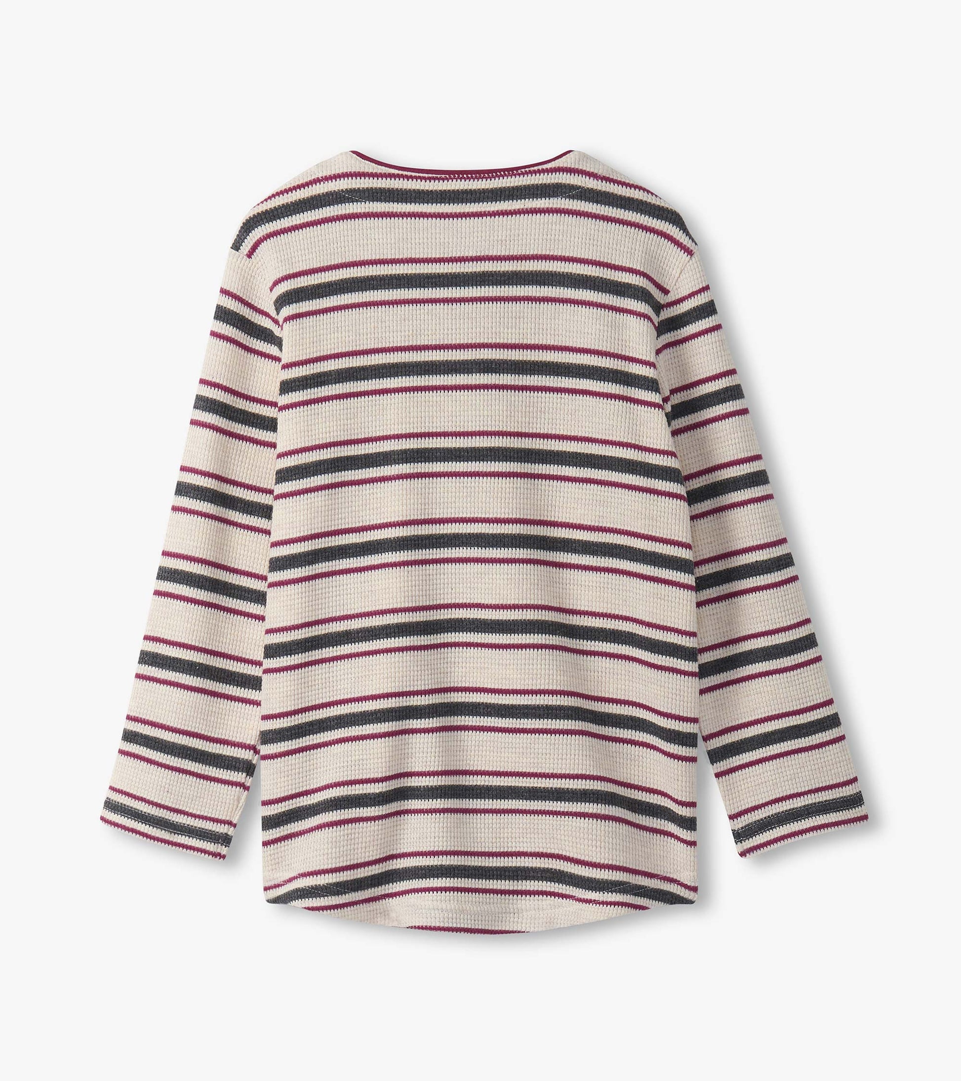 Oatmeal melange long-sleeve henley with multicolored stripes, featuring a rounded neckline and a relaxed fit.
