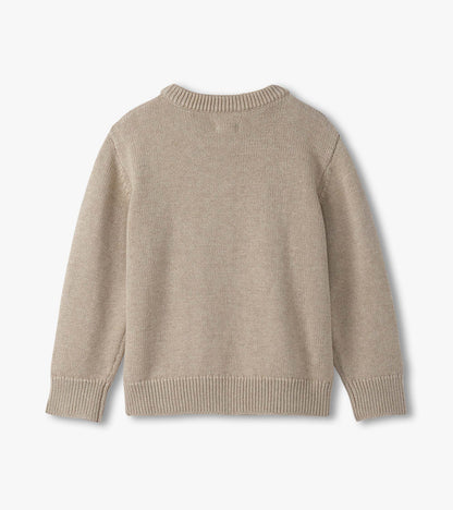 Beige crew neck sweater for boys, featuring a textured knit design and ribbed cuffs and hem. Back view displayed.