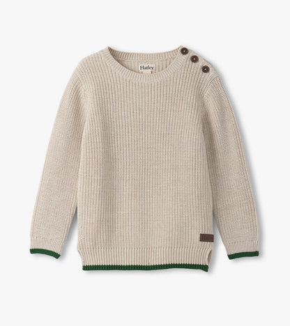 Oatmeal melange sweater with a button neck, ribbed cuffs, and green trim at the hem. Suitable for boys.