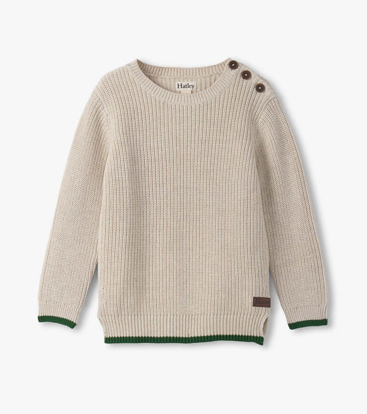 Oatmeal melange sweater with a button neck, ribbed cuffs, and green trim at the hem. Suitable for boys.