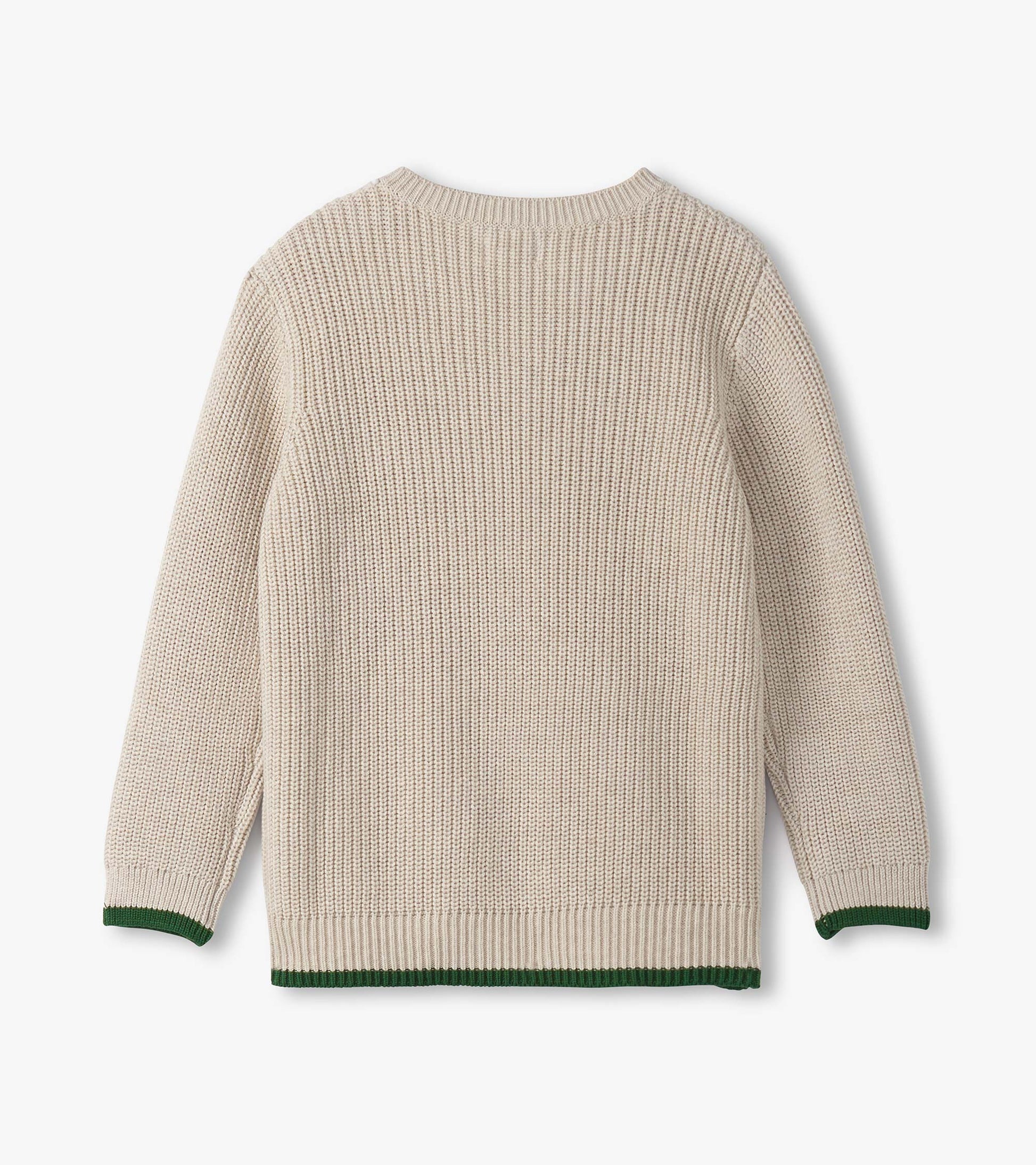 Oatmeal melange sweater with a textured knit, featuring green trim at the cuffs and hem, shown from the back.
