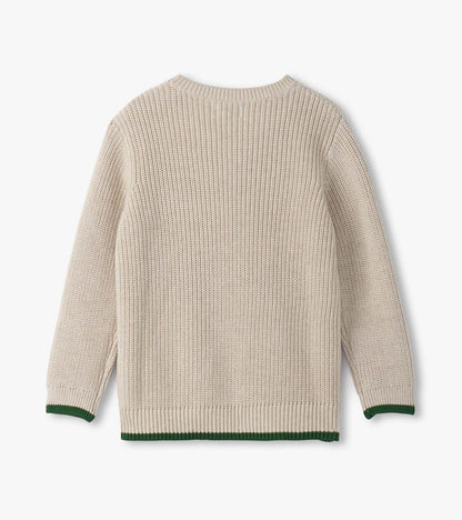 Oatmeal melange sweater with a textured knit, featuring green trim at the cuffs and hem, shown from the back.