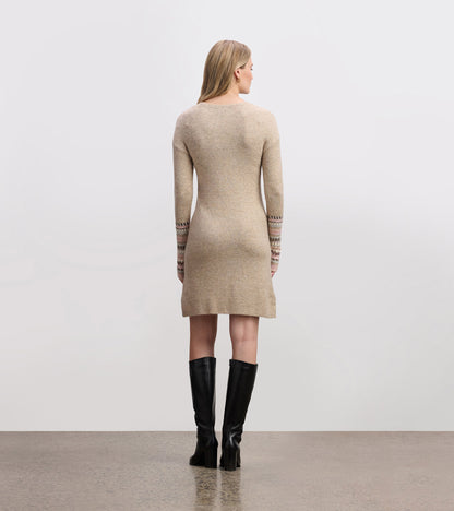 Oatmeal melange sweater dress with long sleeves and patterned cuffs, fitted silhouette, shown from the back.