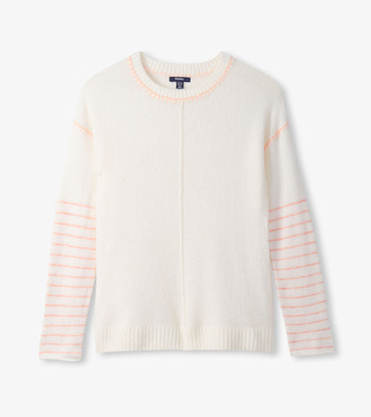 Cream sweater with striped sleeves and a round neckline, featuring a soft texture and relaxed fit.
