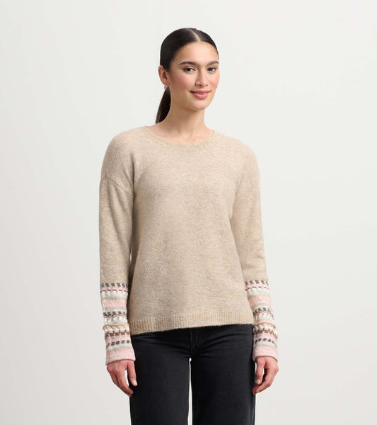 Oatmeal melange sweater with patterned cuffs, featuring a relaxed fit and long sleeves.