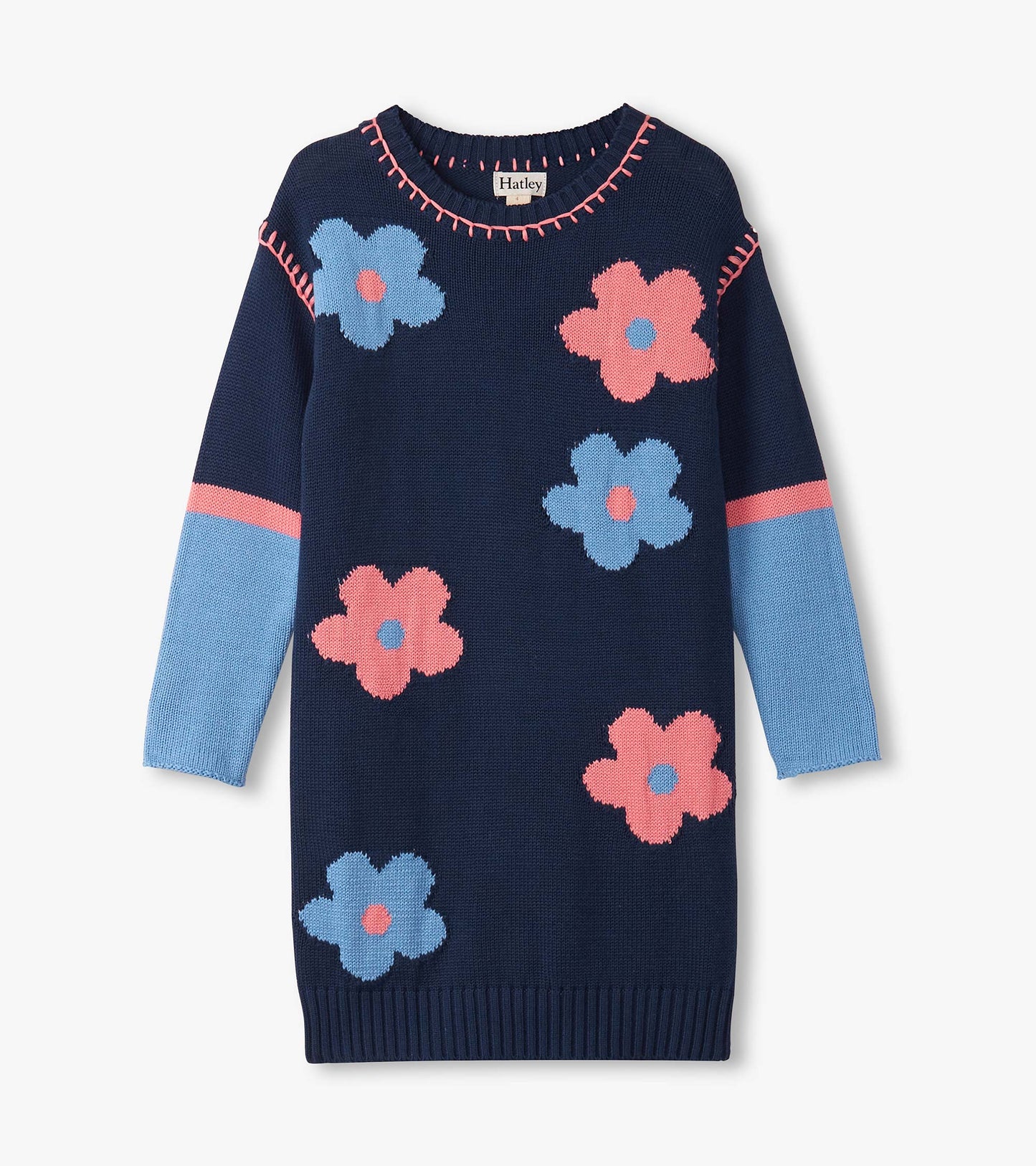 Girls Navy Flower Drop Shoulder Sweater Dress