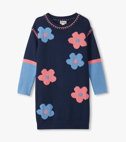 Girls Navy Flower Drop Shoulder Sweater Dress