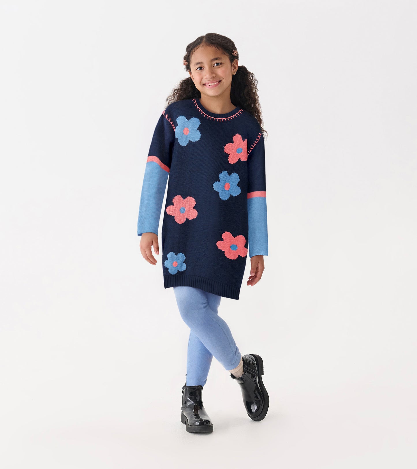 Girls Navy Flower Drop Shoulder Sweater Dress