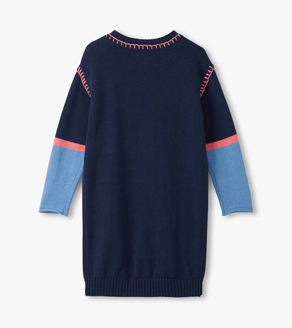 Girls Navy Flower Drop Shoulder Sweater Dress