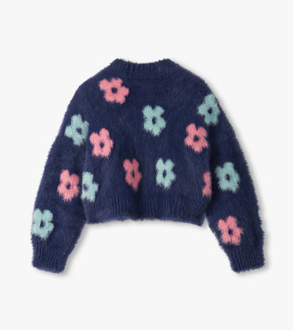 Navy open cardigan with fluffy texture and colorful flower patterns in pink and mint green.