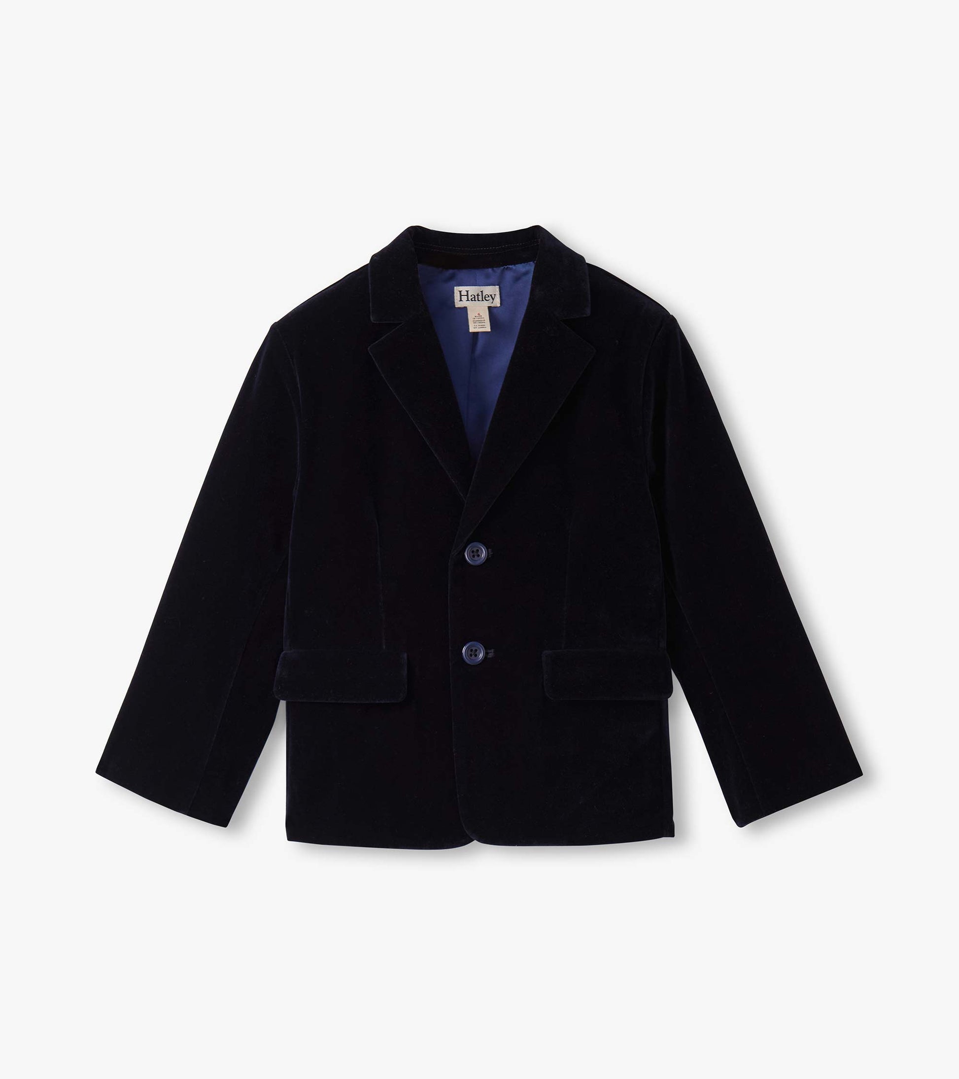Navy velveteen blazer for boys with a notched collar, two buttons, and front pockets.