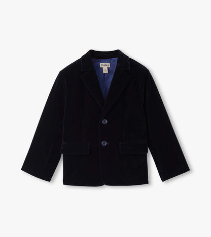 Navy velveteen blazer for boys with a notched collar, two buttons, and front pockets.