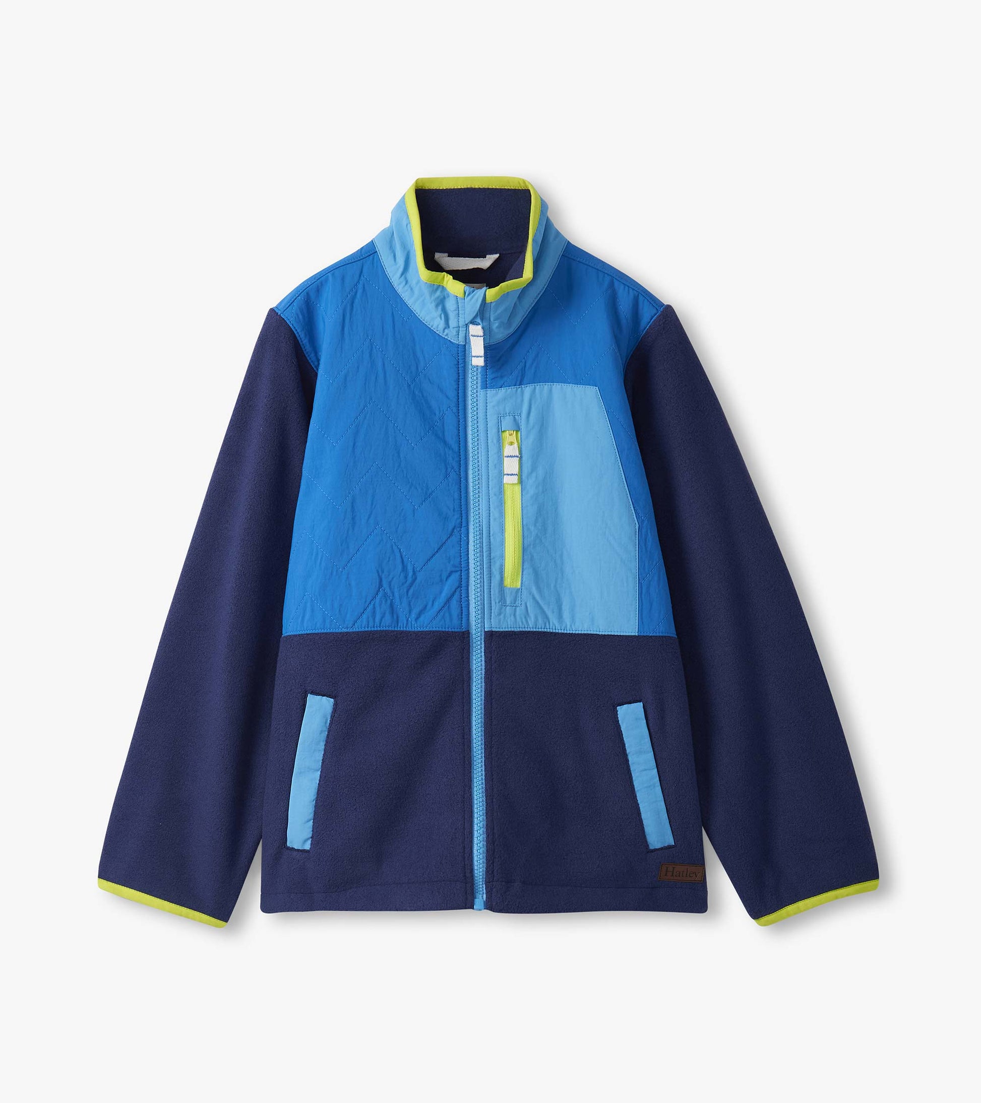 Boys' blue polar fleece jacket featuring a color block design with a high collar and zippered pockets.