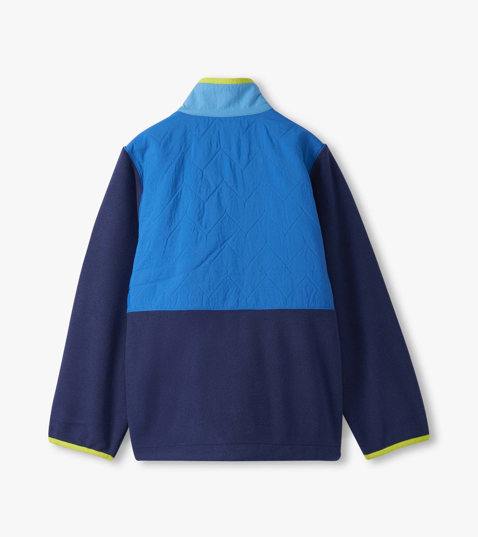 Blue colour block polar fleece jacket with a quilted upper and solid navy lower, featuring a green collar trim.