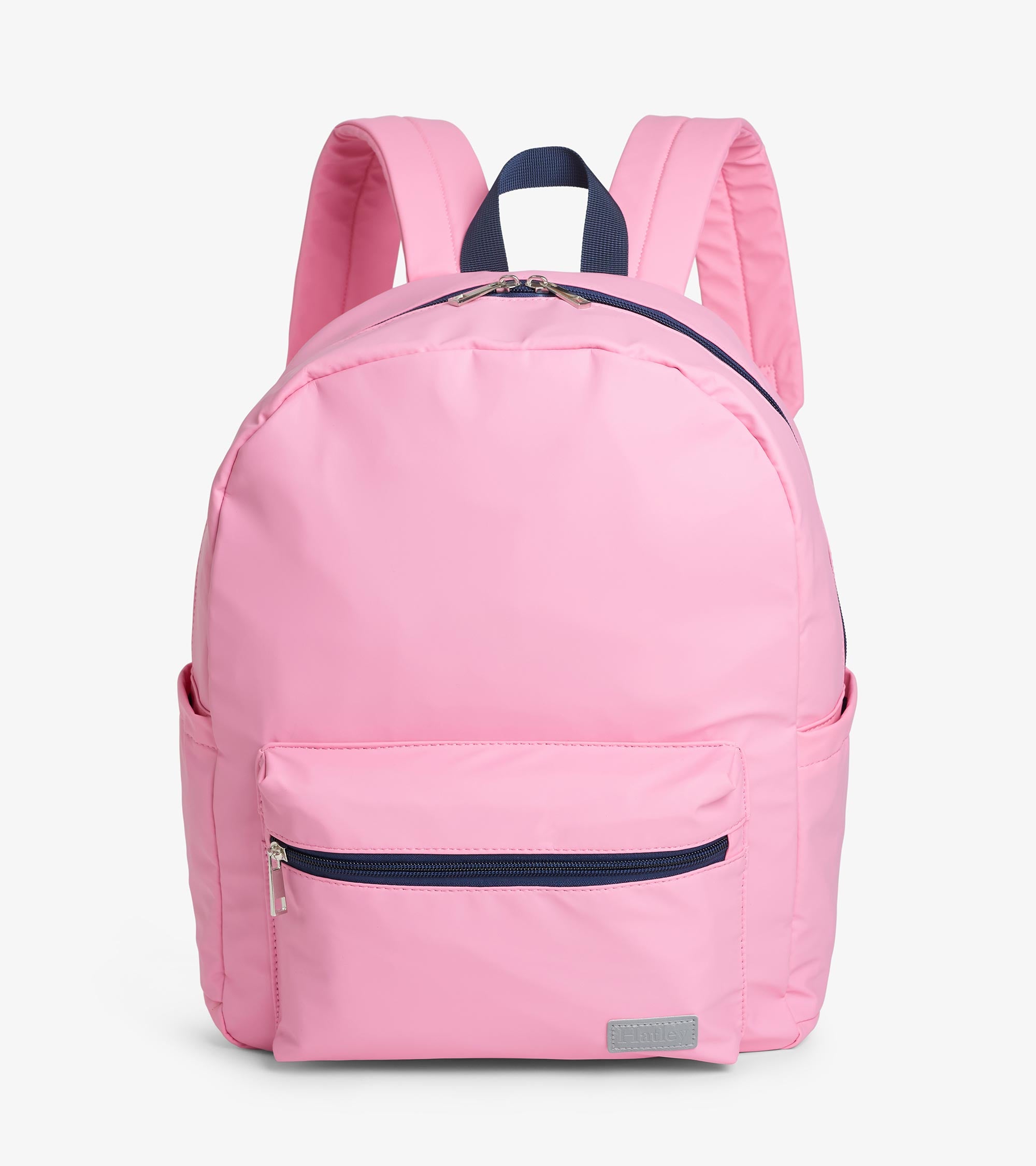 Sac à dos pour enfant rose avec tirettes de fermeture marine, pochette avant zippée, bretelles rembourrées et poignée sur le dessus