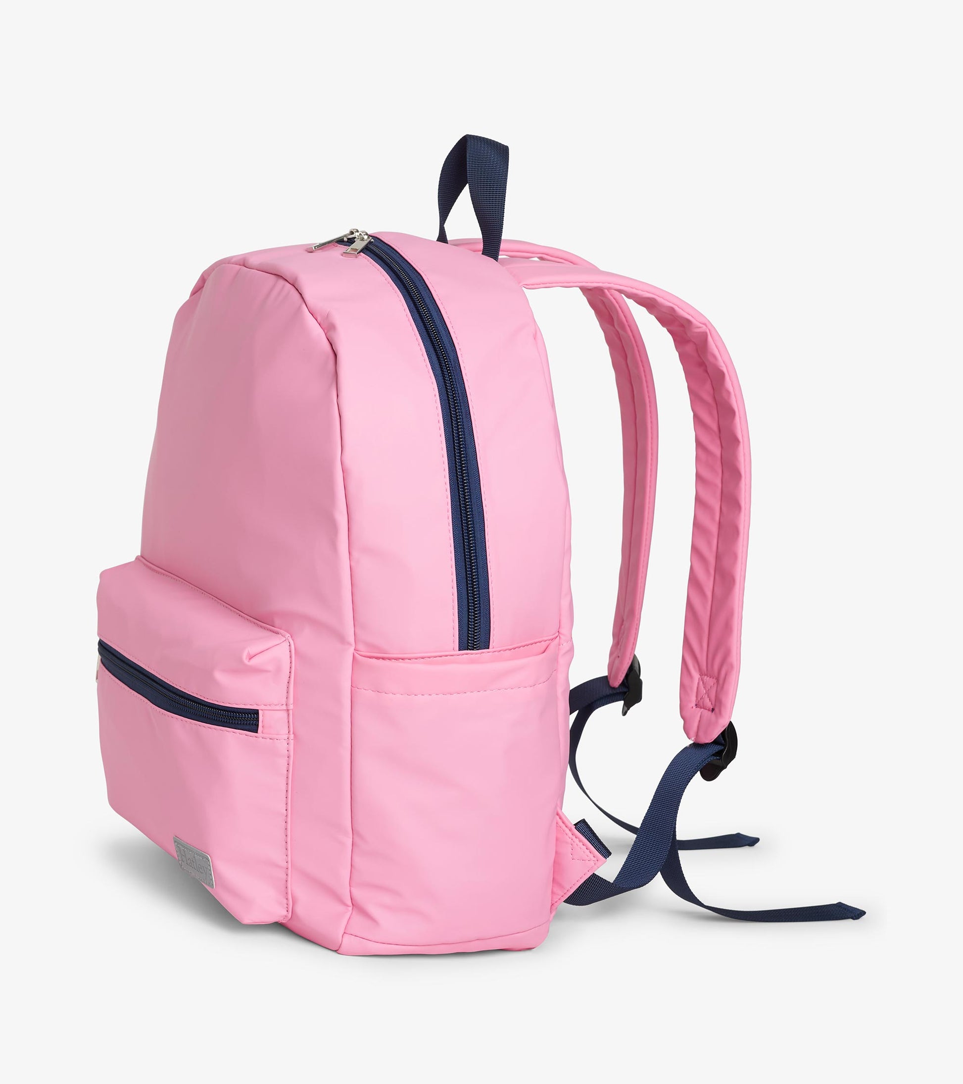Side view of pink backpack with navy zipper, padded shoulder straps, and adjustable back straps