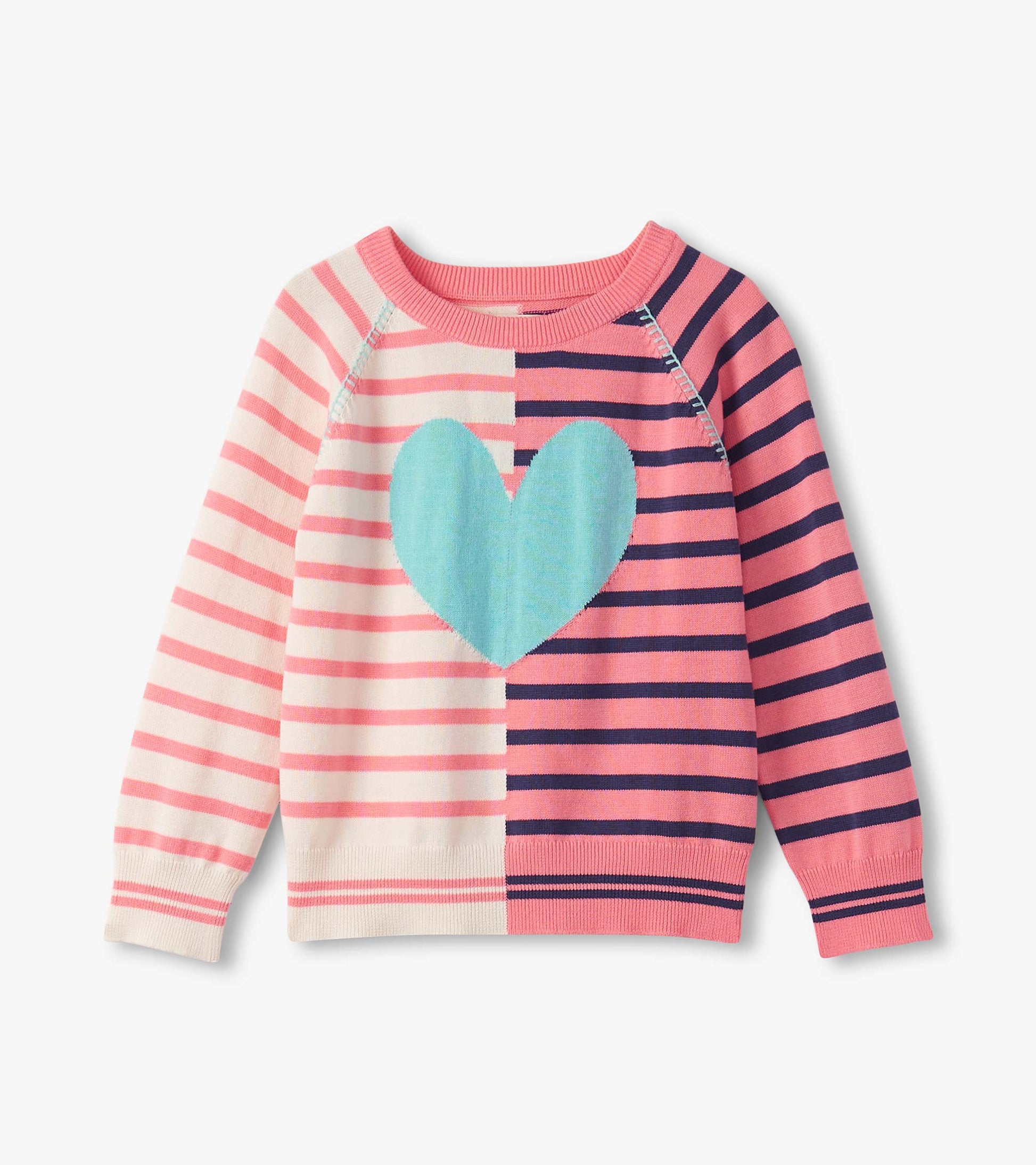 Striped sweater featuring a large turquoise heart, with pink and navy stripes, long sleeves, and a crew neckline.