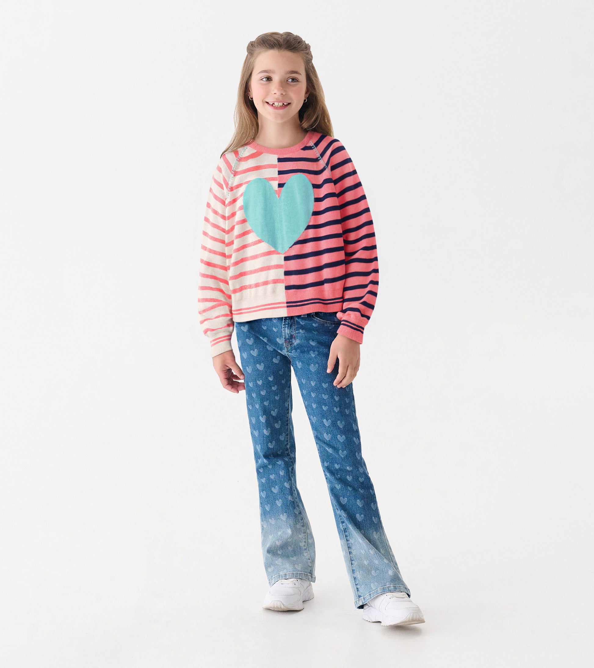 Pink and cream striped sweater with a large turquoise heart, featuring long sleeves and a relaxed fit.