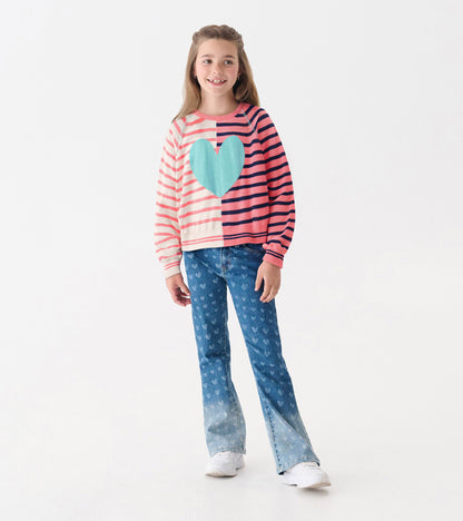 Pink and cream striped sweater with a large turquoise heart, featuring long sleeves and a relaxed fit.